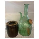 Green Glass Wine Pitcher and Brown Stoneware Jar