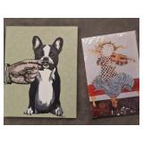 Two Decorative Art Prints with Dog and Violin Them