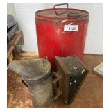 Metal Gas Can, Smoker, and Metal Funnel