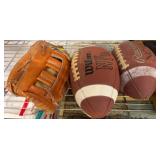 Baseball Glove, Ball, and Two Footballs