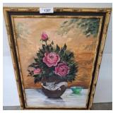 Floral Still Life Painting in Bamboo Frame