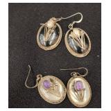 Sterling Silver Oval Drop Earrings with Inlays