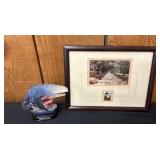 Framed Landscape Print and Eagle Figurine