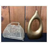 Metal Wire Basket and Gold-Tone Ceramic Vase