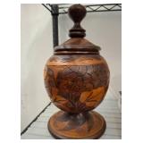 Carved Wooden Lidded Jar With Floral Motif