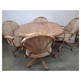 Wood-Tone Table with Upholstered Rolling Chairs