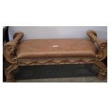 Carved Wooden Bench With Leather Upholstery