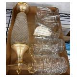 Glass Pitcher and Assorted Crystal-Like Mugs
