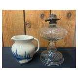 Glass Oil Lamp and Painted Ceramic Pitcher