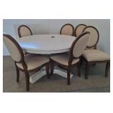 White Pedestal Table with Upholstered Chairs