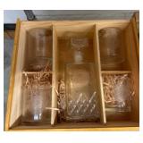 Etched Glass Decanter Set in Wooden Box
