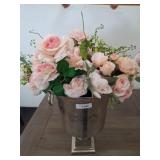 Silver-Toned Vase with Faux Pink Roses