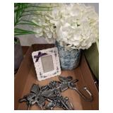 Floral Frame, Metal Wall Hooks, and Faux Flowers