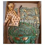 Wood Cat Sculpture and Two Decorative Wall Plaques