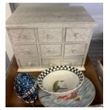 Decorative Chest, Plates, and Blue Ornate Egg