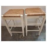 Two Painted Wood Stools with Rush Seats