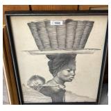 Framed Charcoal Portrait of Woman Carrying Basket