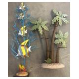 Metal Fish Sculpture and Palm Tree Decor