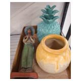 Ceramic Jar, Pineapple Dish, and Figurine Trio
