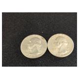 Two 1964 U.S. Washington Silver Quarters