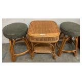Rattan Table With Two Upholstered Stools