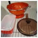 Pyrex Dish, Orange Colander, Glass Pan