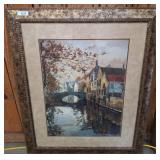 Framed Painting of Canal Scene, 39x47 Inches