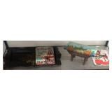 Decor Items Including Tray, Plaque, and Bench