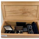 Wooden Box with Assorted Accessories and Jewelry