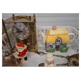 Decorative Clock, Cottage Teapot, and Figurines