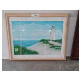 Framed Lighthouse and Seascape Painting