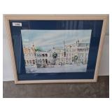 Framed Watercolor of Victorian-Style Street Scene