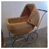 Wicker Baby Carriage with Metal Frame and Canopy