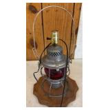 C&O Style Lantern with Red Glass and Wooden Base