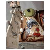 Ceramic Pitcher, Hook Rack, and Green Saucepan