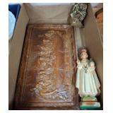 Carved Wood Panel and Two Figurines