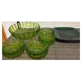 Green Glass Bowls and Square Plates Set