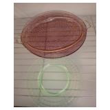 Two Pressed Glass Plates and a Pink Serving Tray