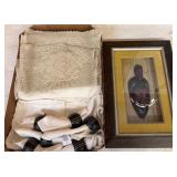 Framed Mask Artwork and Assorted Textiles