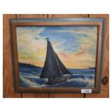 Framed Seascape Sailboat Painting, Signed A.J.