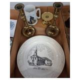 Brass Candleholders, Mug, and Decorative Plate