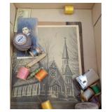 Ceramic Bowl, Thread Spools, and Ephemera Lot