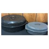 Two Enamel Roasting Pans With Lids