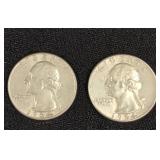 Two 1964 U.S. Silver Washington Quarters