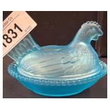 Blue Glass Hen-on-Nest Covered Dish