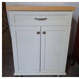 White Cabinet with Wood Top on Casters