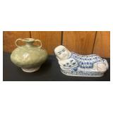 Ceramic Vase and Blue-and-White Reclining Figure