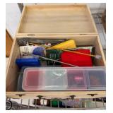 Wooden Box With Assorted Craft Supplies