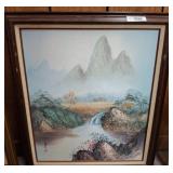 Framed Landscape Painting with Mountain Scene