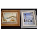 Framed Lighthouse Landscape Paintings, Signed